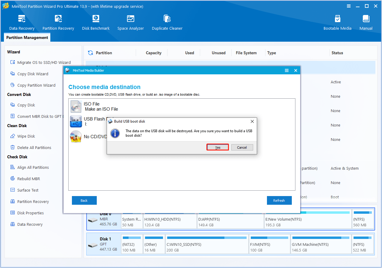 The interface of MiniTool Partition Wizard with selected Yes.