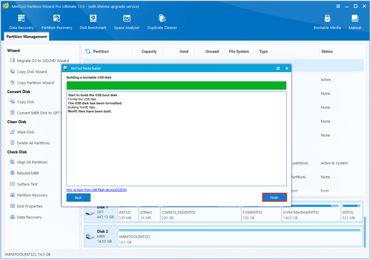The interface of MiniTool Partition Wizard with selected Finish.