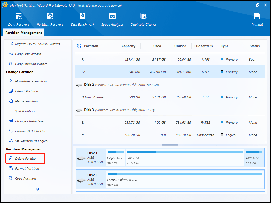 The interface of MiniTool Partition Wizard with selected Delete Partition.