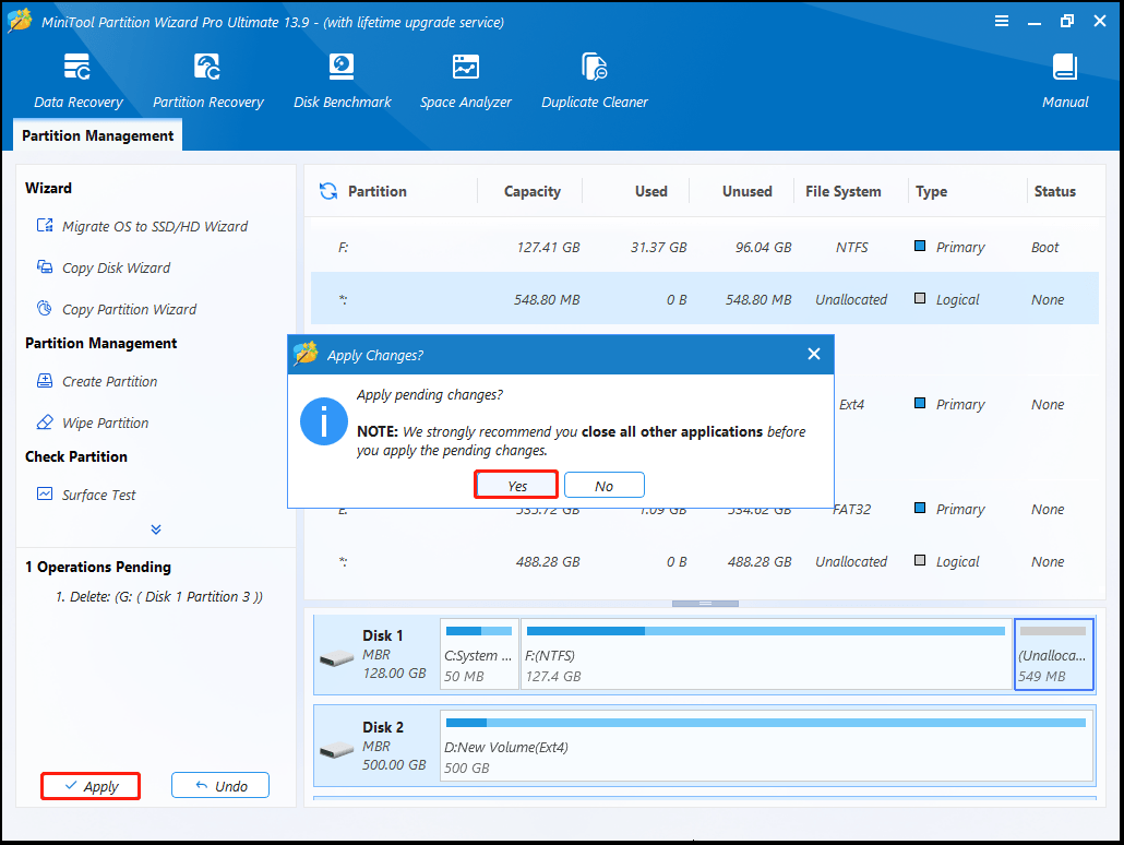 The interface of MiniTool Partition Wizard with selected Yes and Apply.