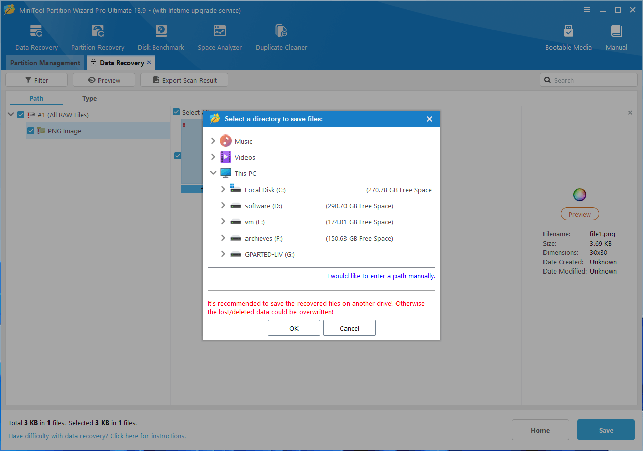 MiniTool Partition Wizard Data Recovery page asking you to select a directory to save recovered files. 
