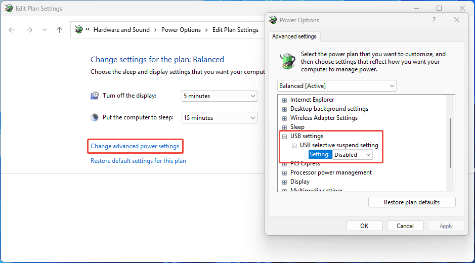 Edit Plan Settings window and Power Options window with the disabled USB selective suspend setting.