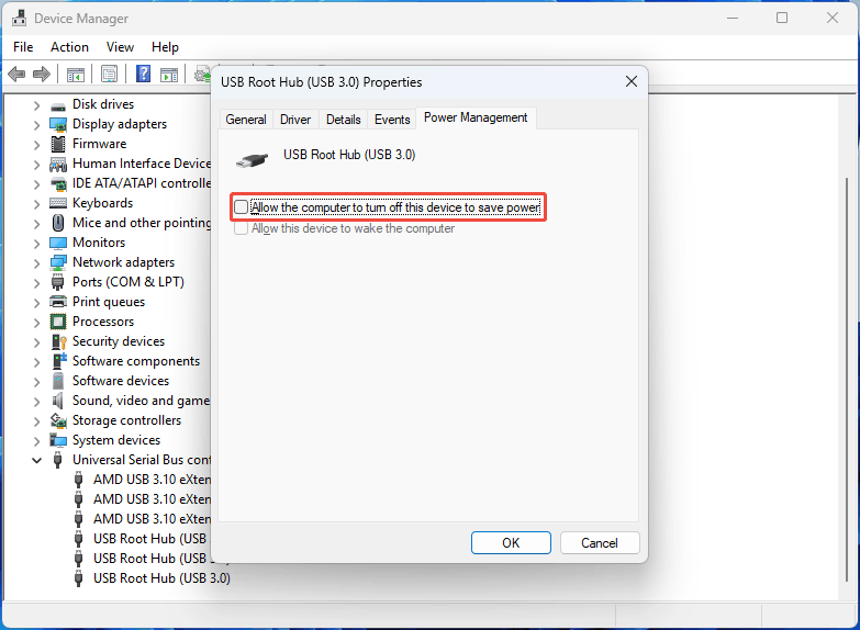 Device Manager window and USB Root Hub Properties window with the unchecked allow the computer to turn off this device to save power option.