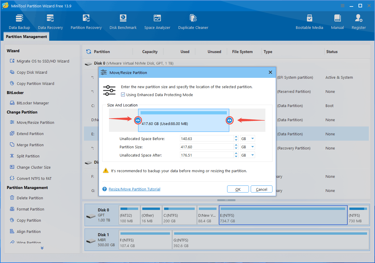 MiniTool Partition Wizard interface with Move Resize Partition window.