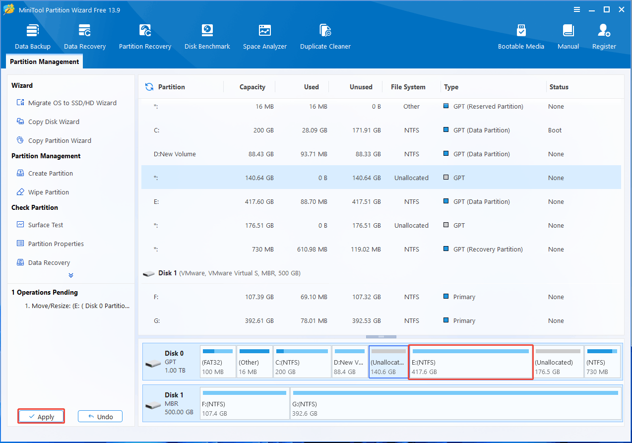 MiniTool Partition Wizard interface with the selected Apply button.