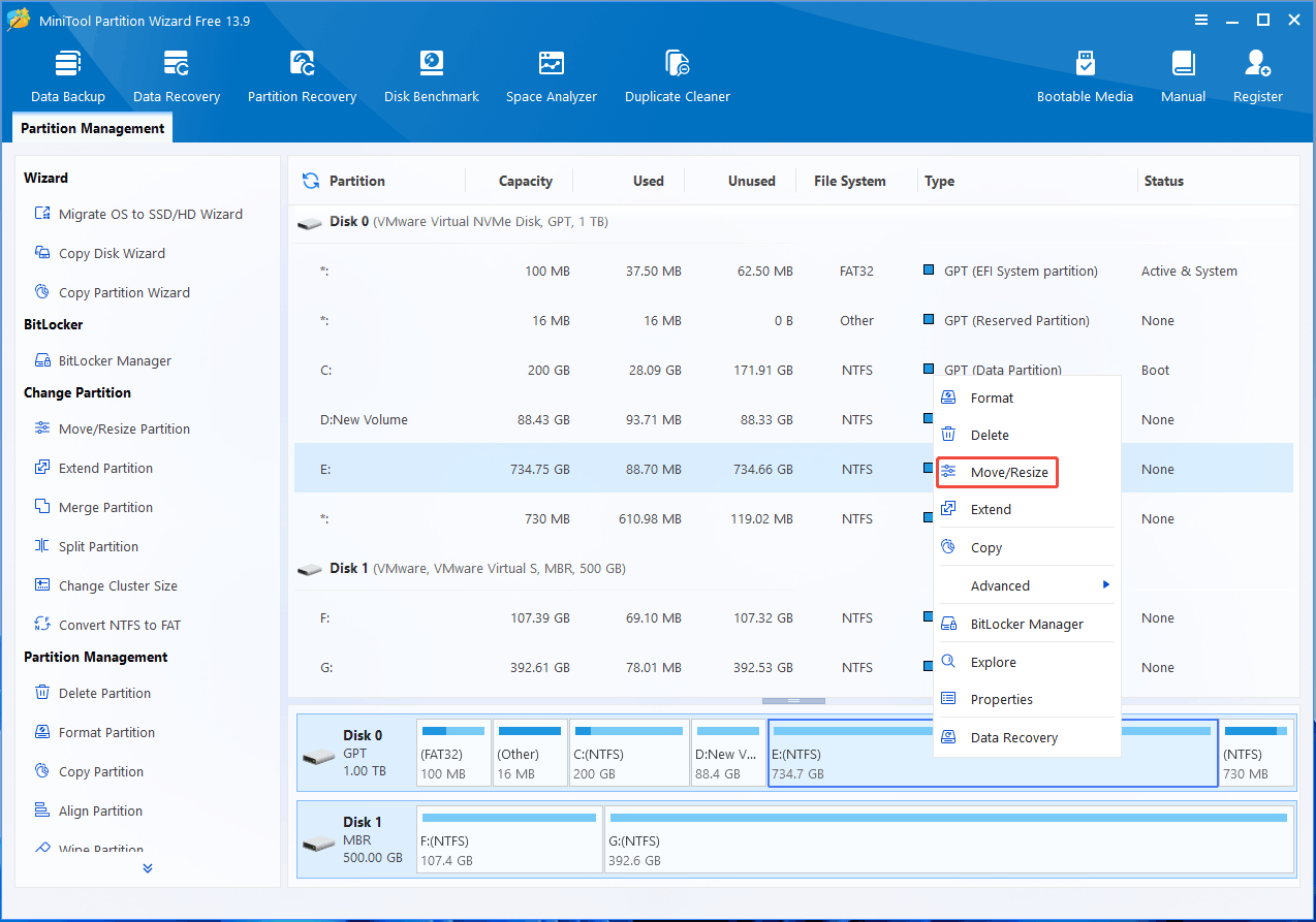MiniTool Partition Wizard interface with the selected Move Resize feature.