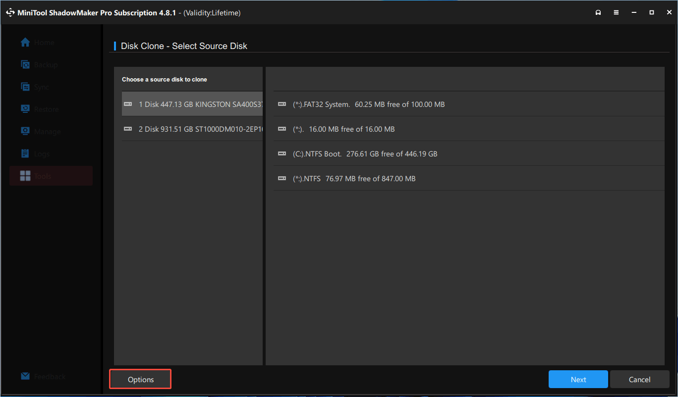 MiniTool ShadowMaker Disk Clone interface with the selected Options button.