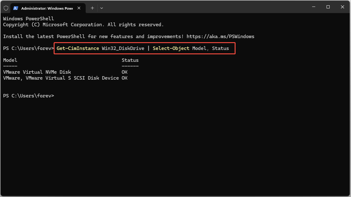The interface of Administrator Windows PowerShell with the selected Get-CimInstance command.