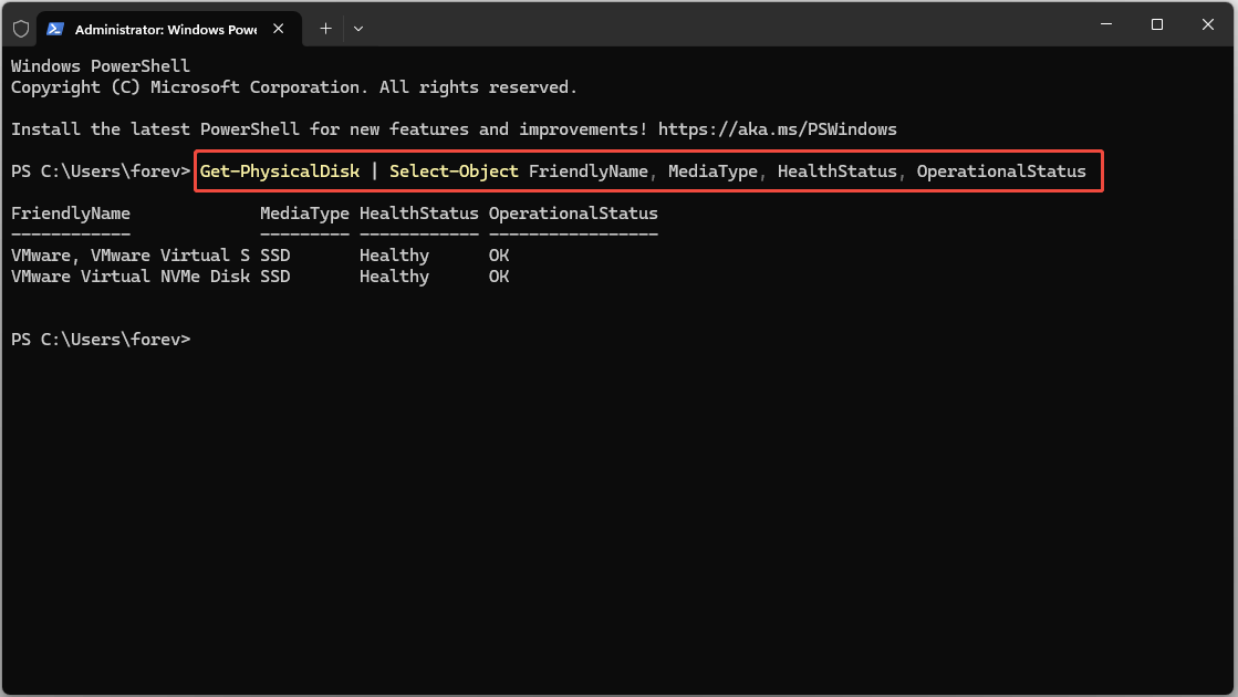 The interface of Administrator Windows PowerShell with the selected Get-PhysicalDisk command.