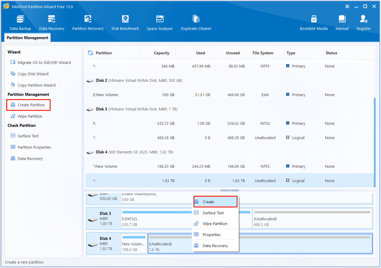 The interface of MiniTool Partition Wizard with selected Create Partition and Create.