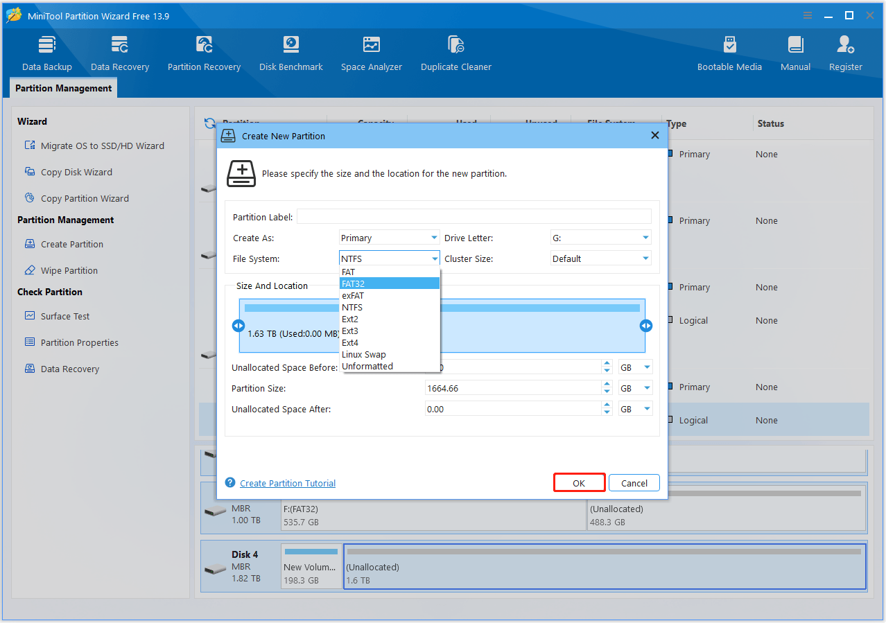 The Create New Partition window in MiniTool Partition Wizard with the highlighted FAT32 and selected OK.
