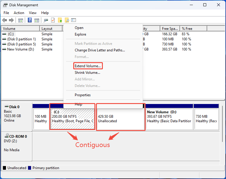Disk Management interface showing C drive, contiguous unallocated space, and selected Extend Volume option.