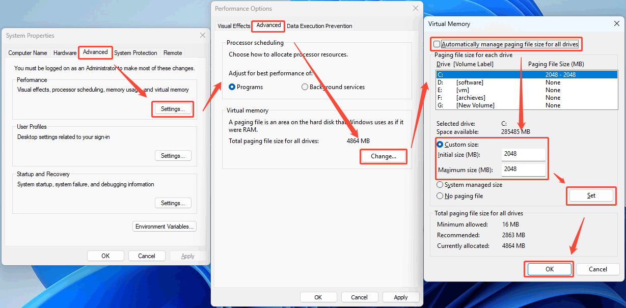 System Properties window, Performance Options window, and Virtual Memory window with the selected Customize size option.