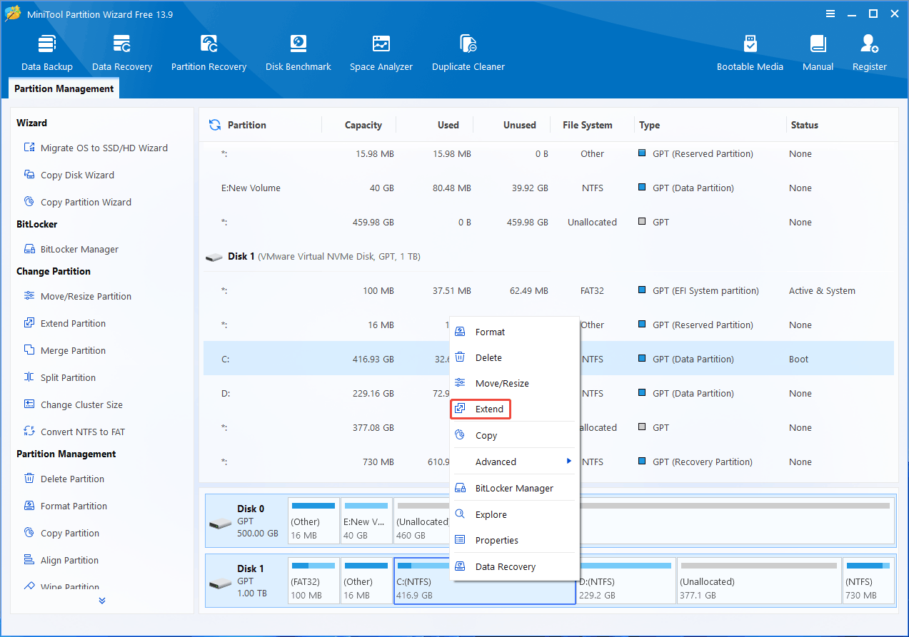 MiniTool Partition Wizard interface with the selected Extend feature in the right-click menu.