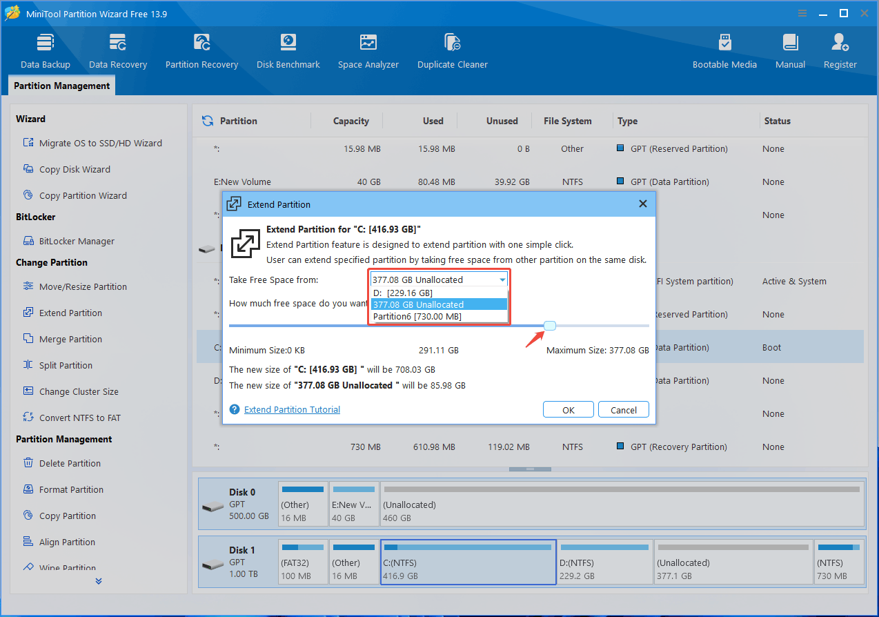 MiniTool Partition Wizard interface with the Extend Partition window.