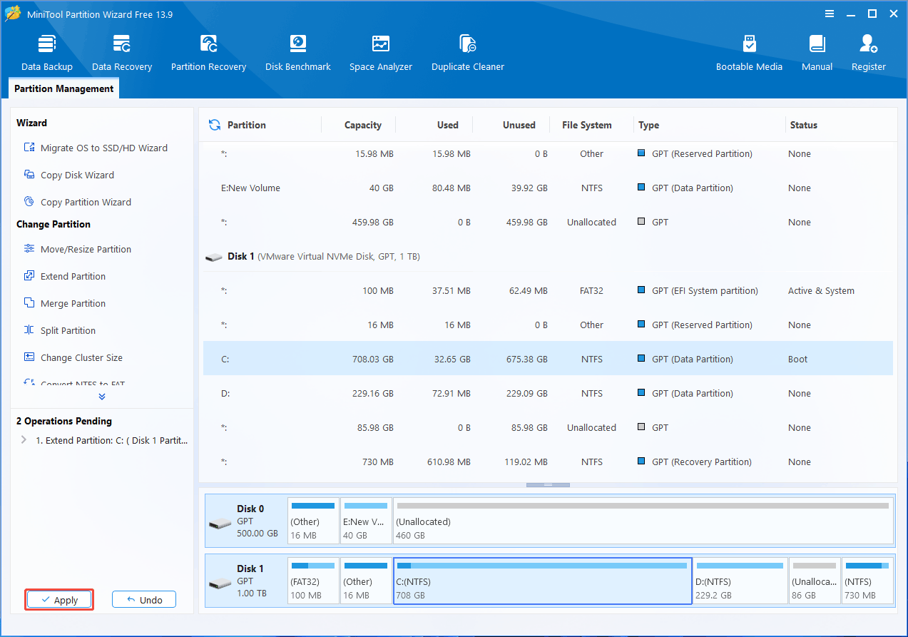 MiniTool Partition Wizard interface with the Apply button.