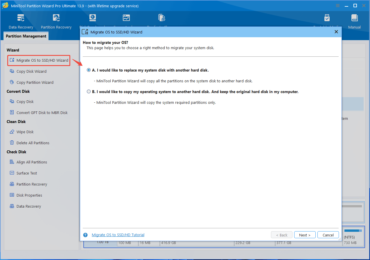 MiniTool Partition Wizard interface with the Migrate OS to SSD or HD Wizard window asking you to choose a migration method.