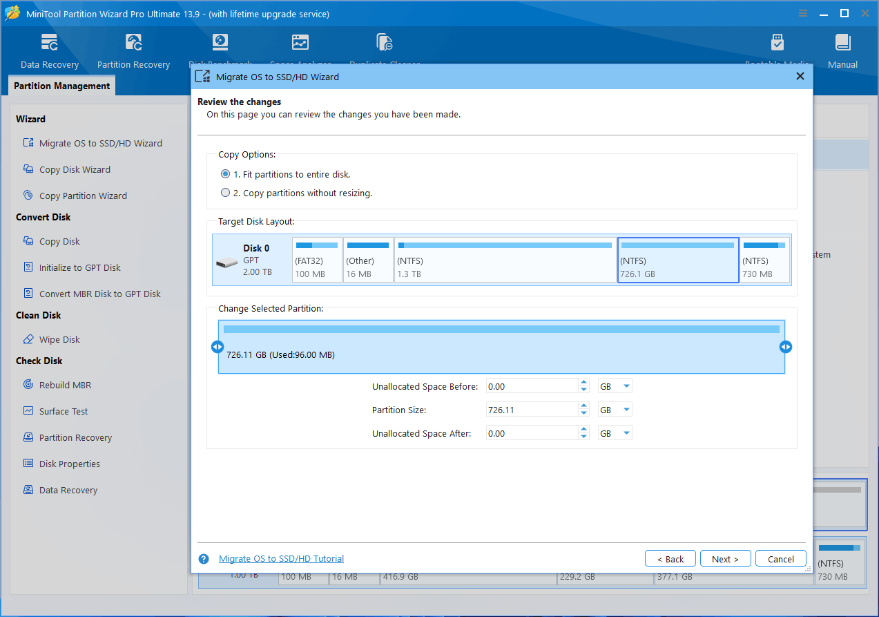 MiniTool Partition Wizard interface with the Migrate OS to SSD or HD Wizard window asking you to review copy options and target disk layout.