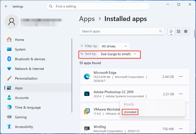 Windows 11 Settings Installed apps window showing apps listed by size and the selected Uninstall button.