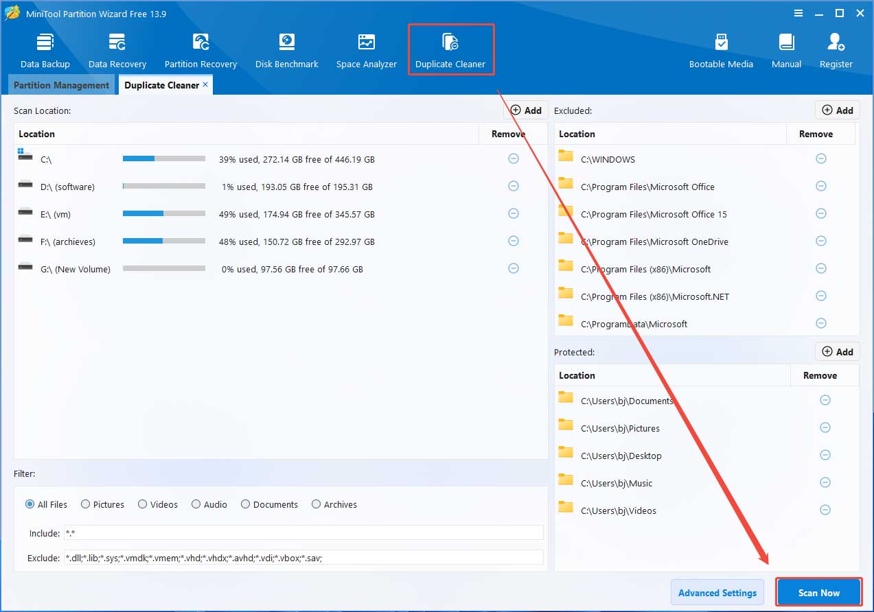 MiniTool Partition Wizard Duplicate Cleaner interface with the selected Scan Now button.