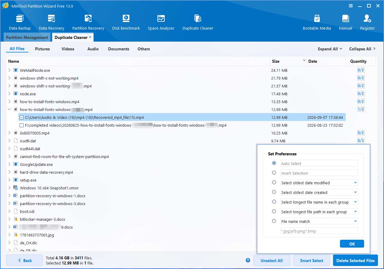 MiniTool Partition Wizard Duplicate Cleaner interface with the selected files to delete and expanded Smart Select window.