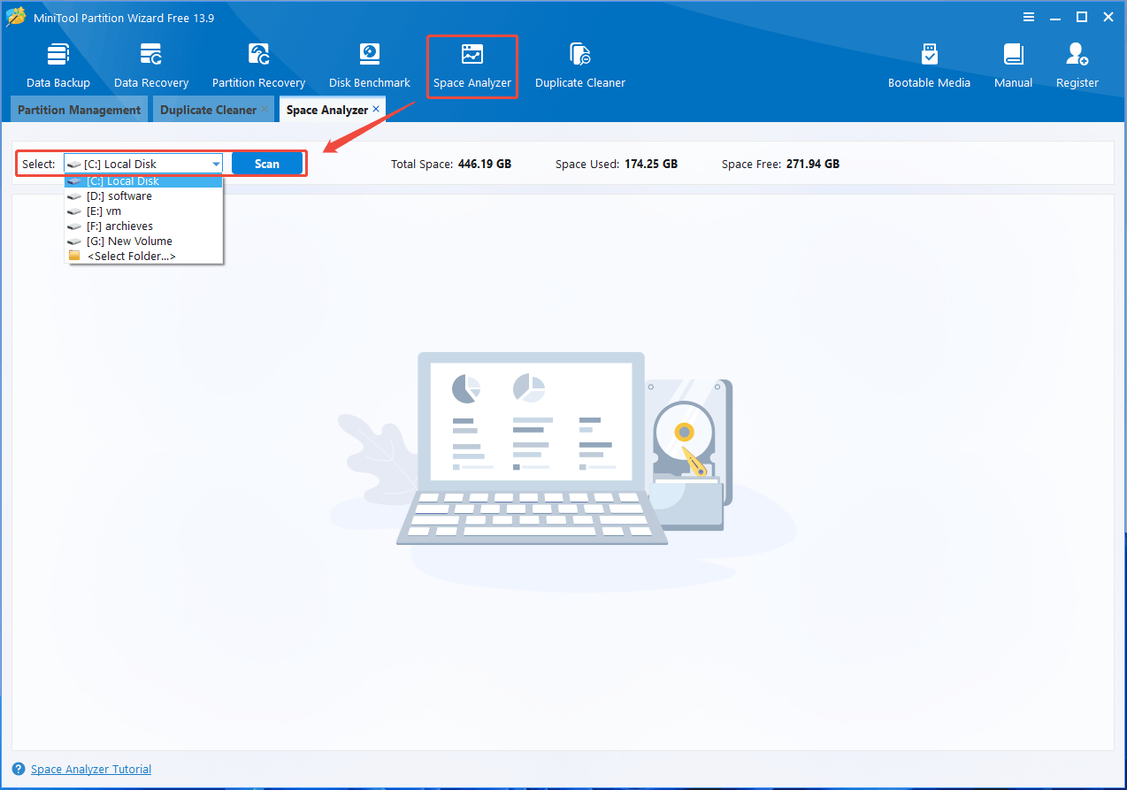 MiniTool Partition Wizard Space Analyzer interface with the selected C drive and Scan button.