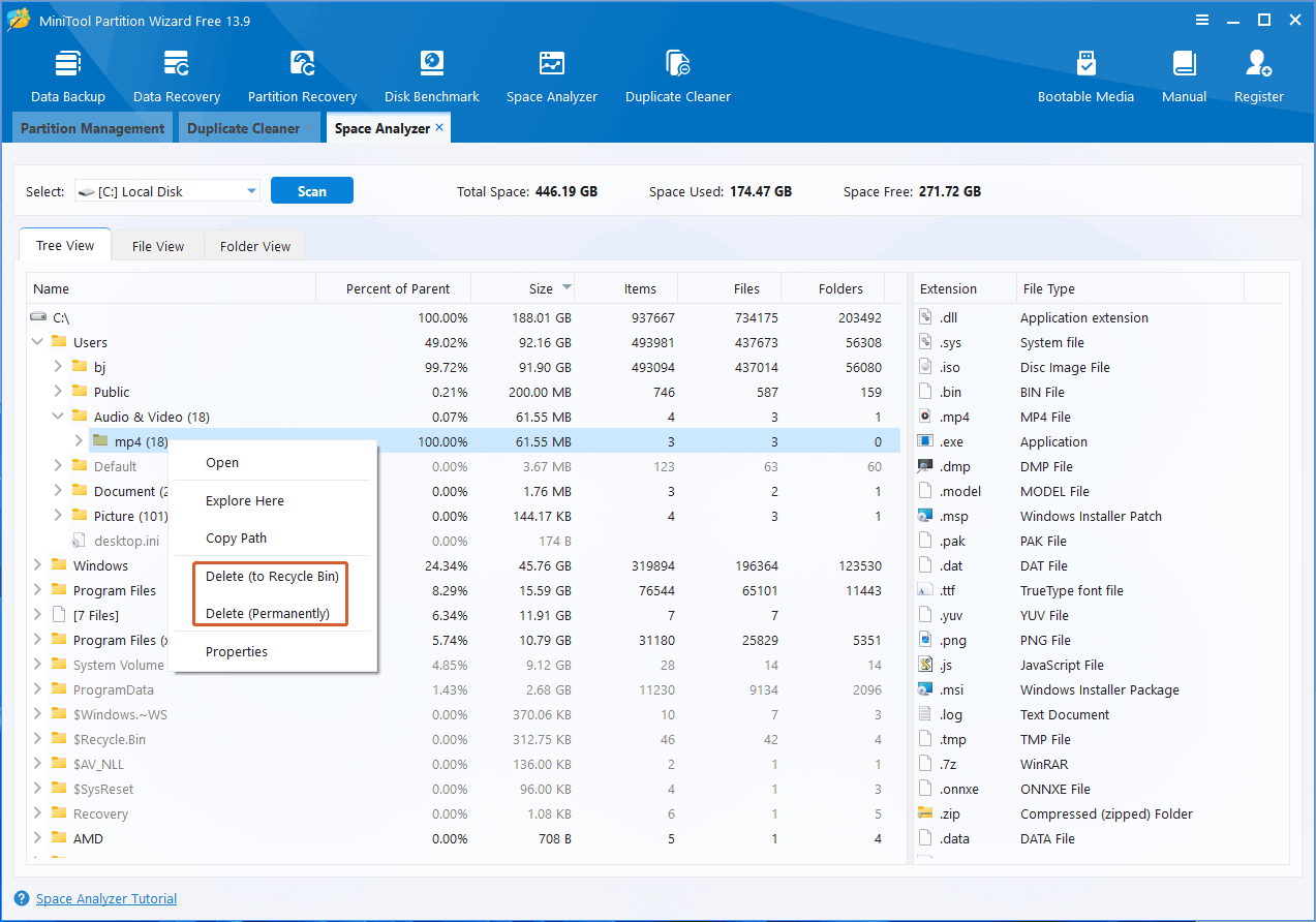 MiniTool Partition Wizard Space Analyzer interface with the selected Delete option in the right click menu.