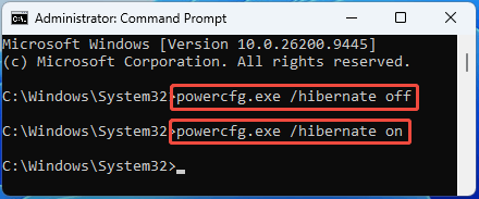 Command Prompt interface with the powercfg exe hibernate off and on commands.