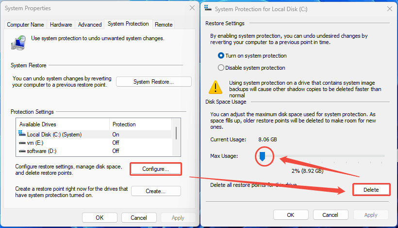 System Properties window and System Protection window with the selected Delete button.