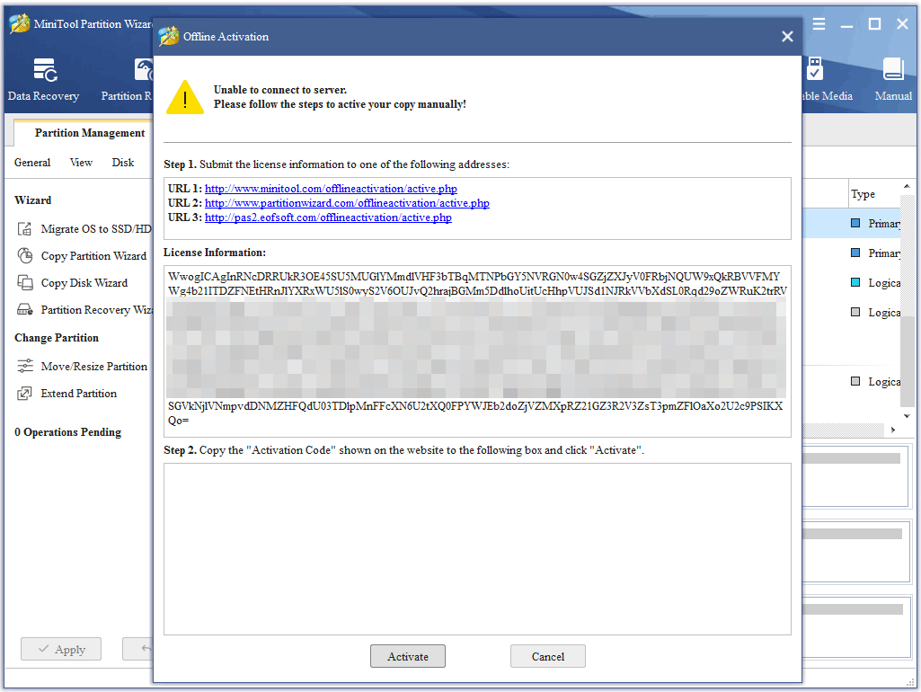 The MiniTool Partition Wizard offline activation interface with license information displayed