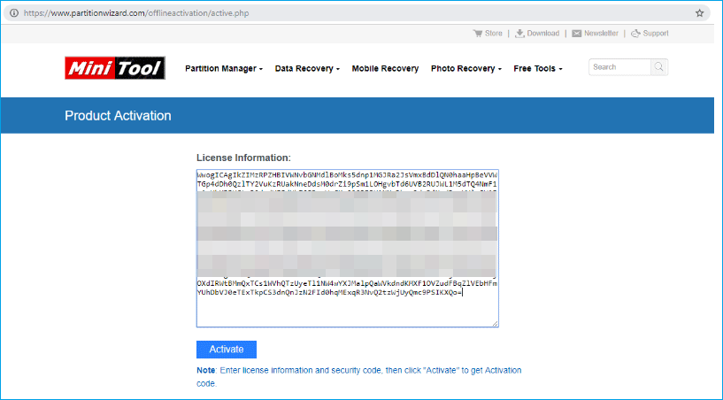 The MiniTool Product activation page with License information displayed