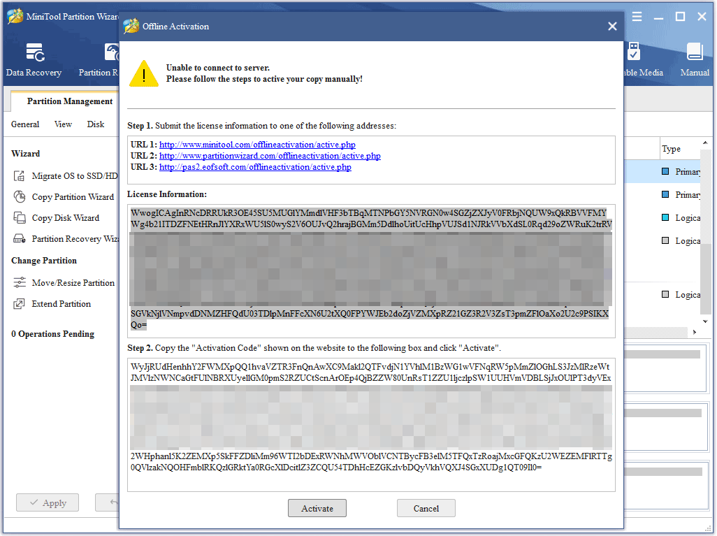 The MiniTool Partition Wizard offline activation interface with license information and offline activation steps displayed
