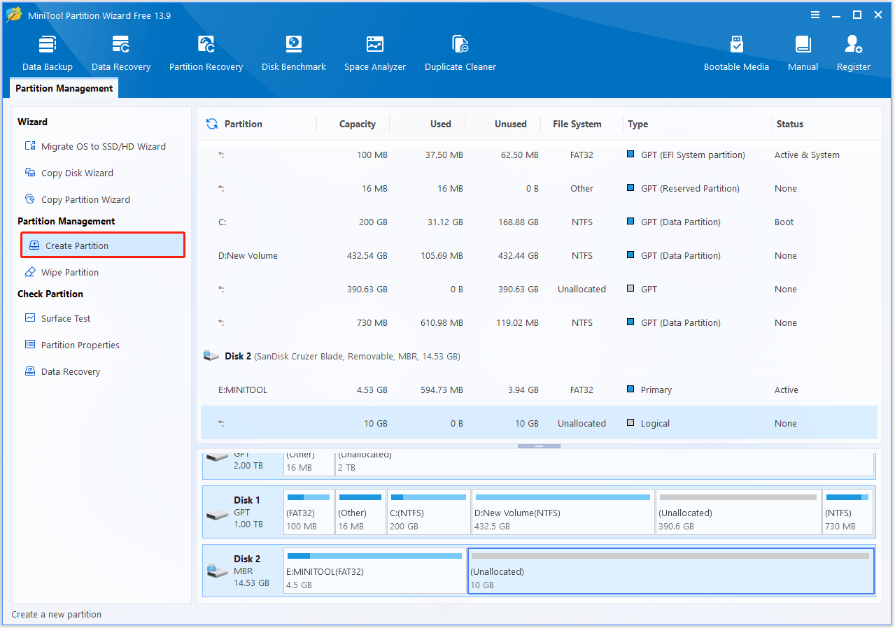 The interface of MiniTool Partition Wizard with selected Create.