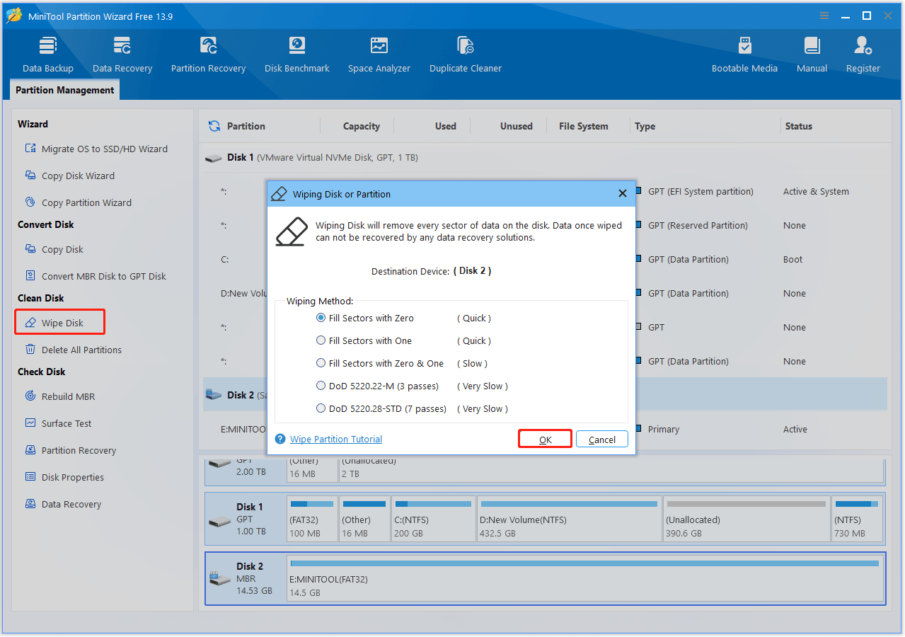 The interface of MiniTool Partition Wizard with selected Wipe Disk and OK.