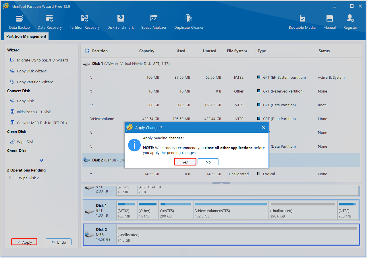 The interface of MiniTool Partition Wizard with selected Apply and Yes.