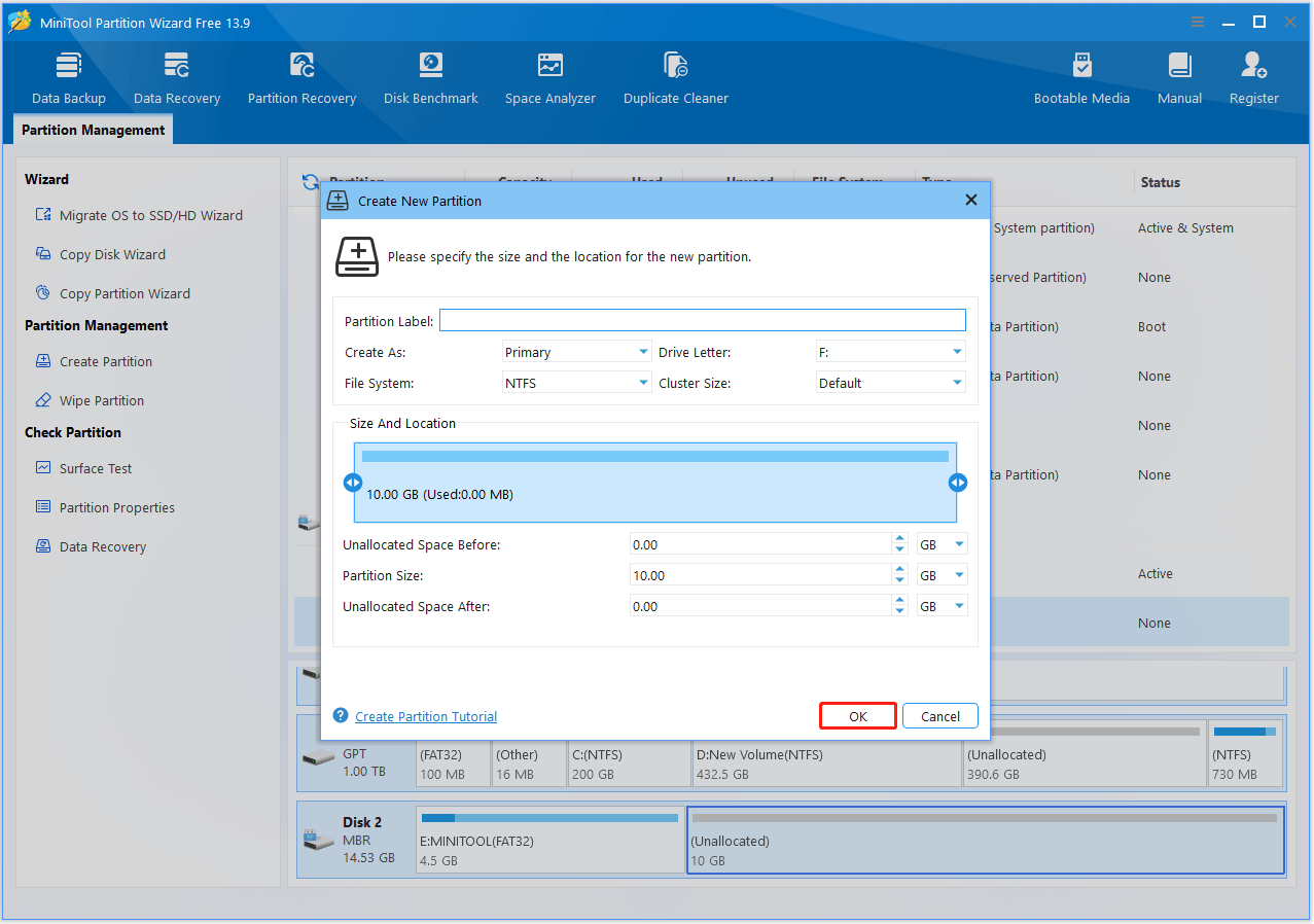The interface of MiniTool Partition Wizard with selected OK.