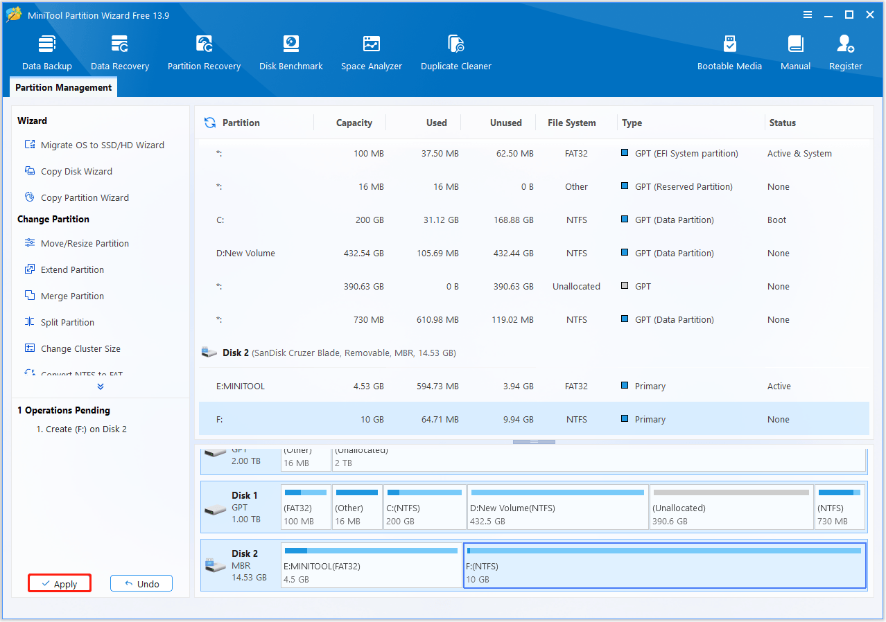The interface of MiniTool Partition Wizard with selected Apply.