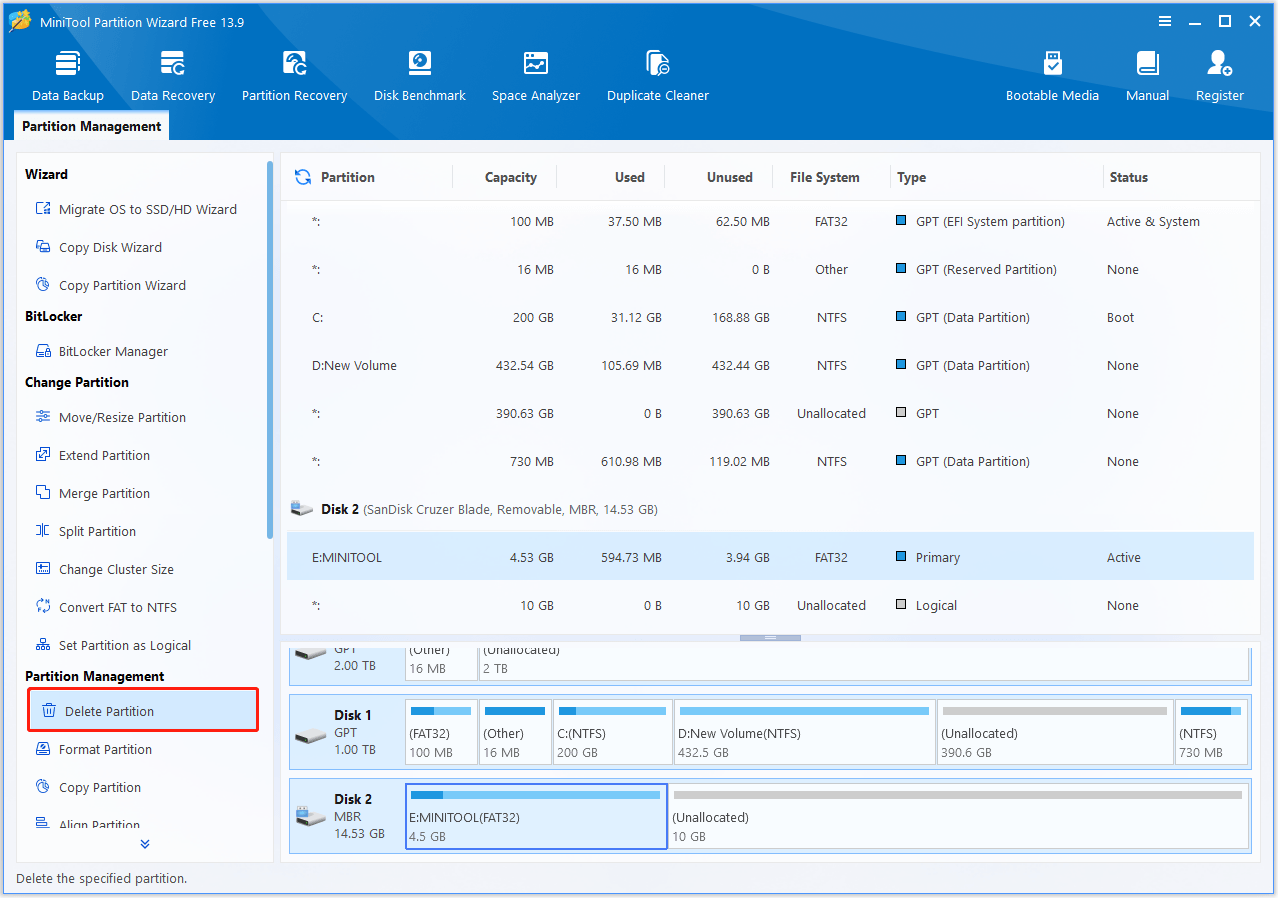 The interface of MiniTool Partition Wizard with selected Delete Partition.