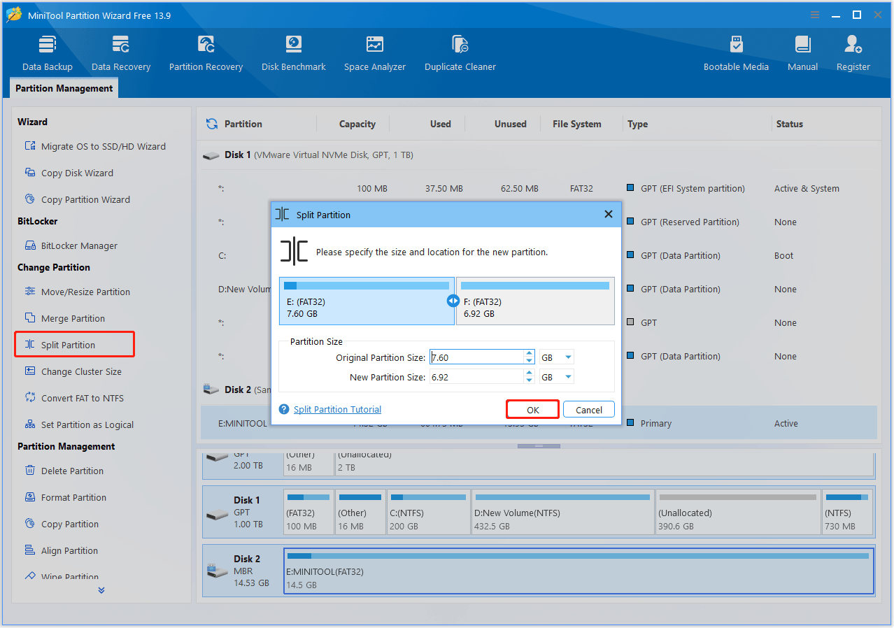 The interface of MiniTool Partition Wizard with selected Split Partition and OK.