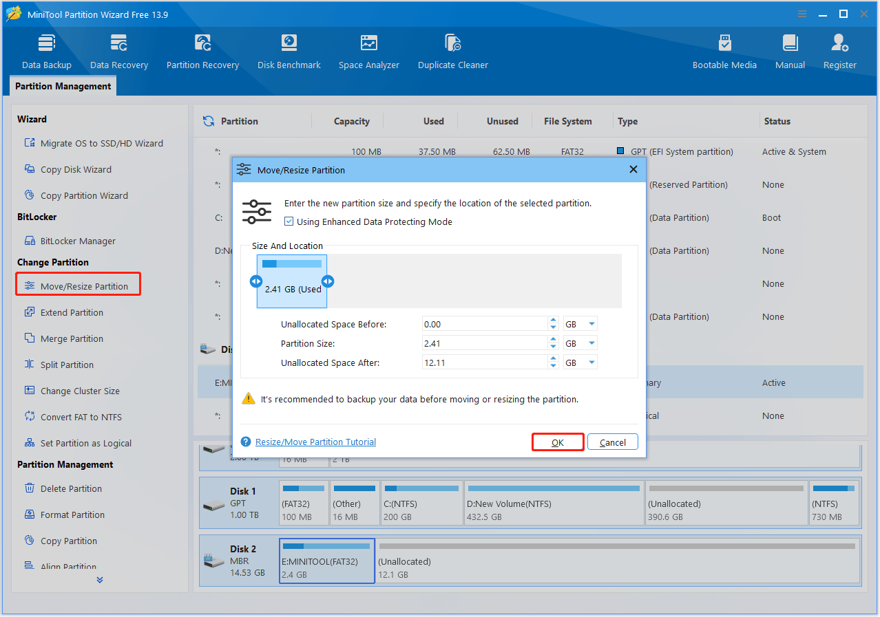 The interface of MiniTool Partition Wizard with selected Move/Resize Partition and OK.