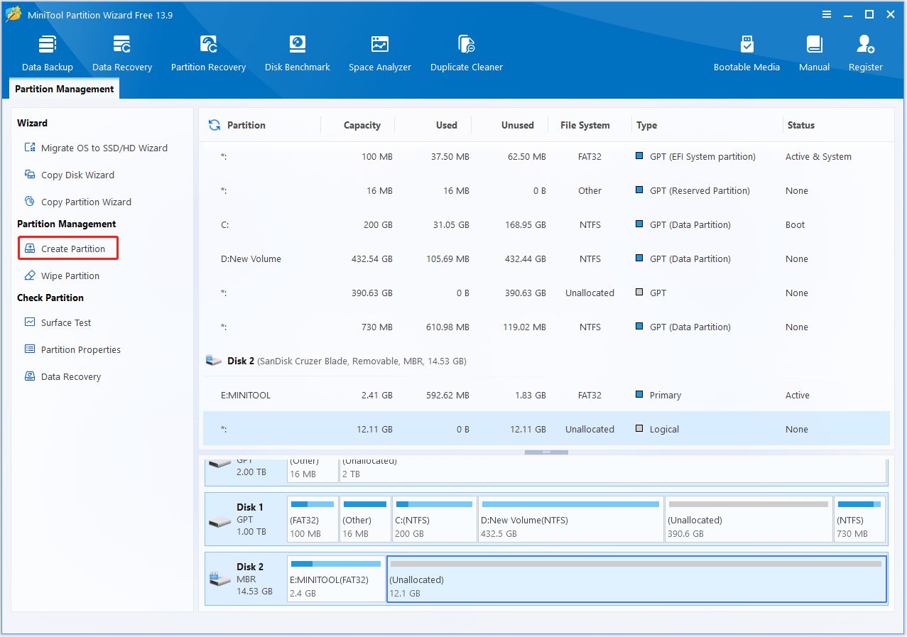 The interface of MiniTool Partition Wizard with selected Create Partition.