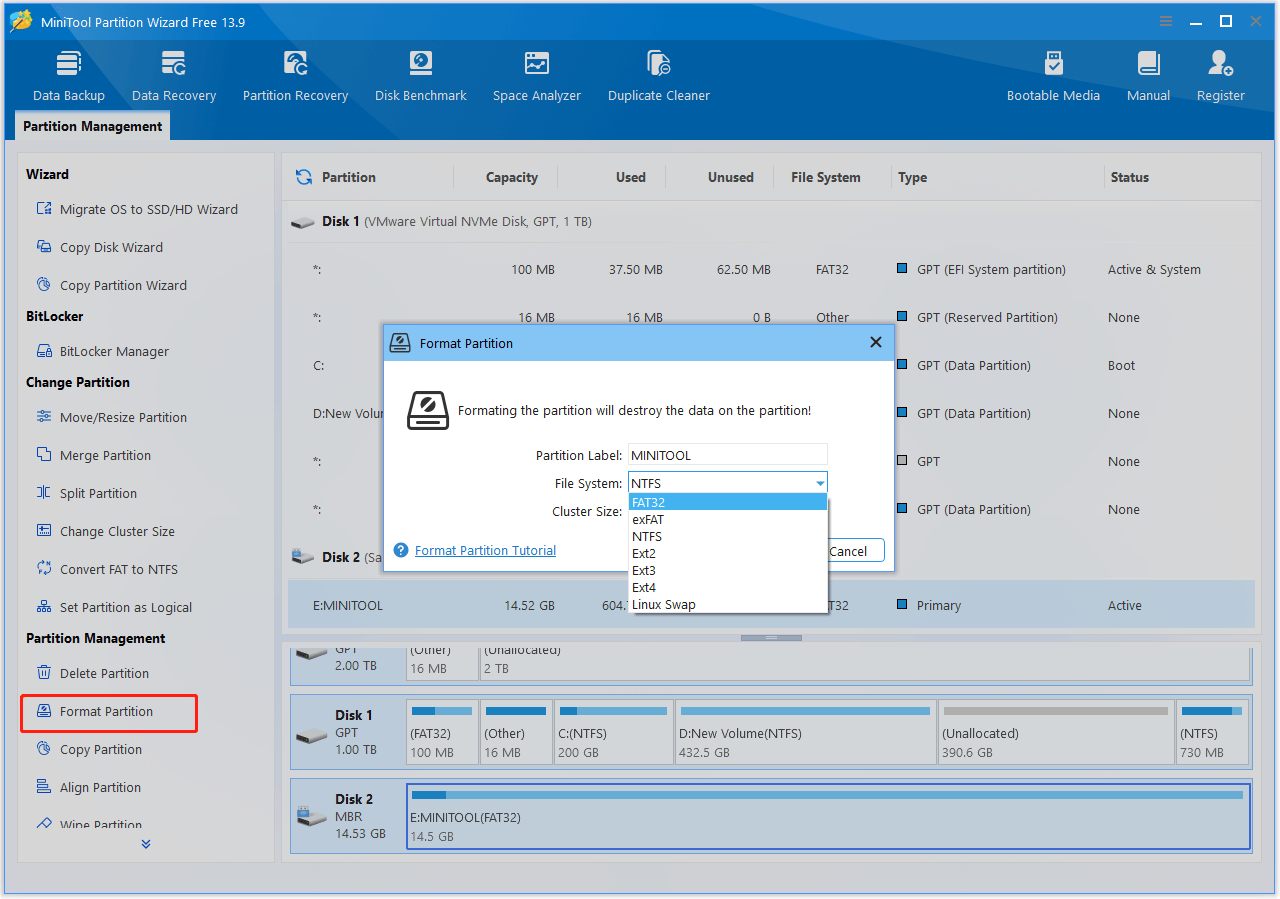 The interface of MiniTool Partition Wizard with selected Format Partition.