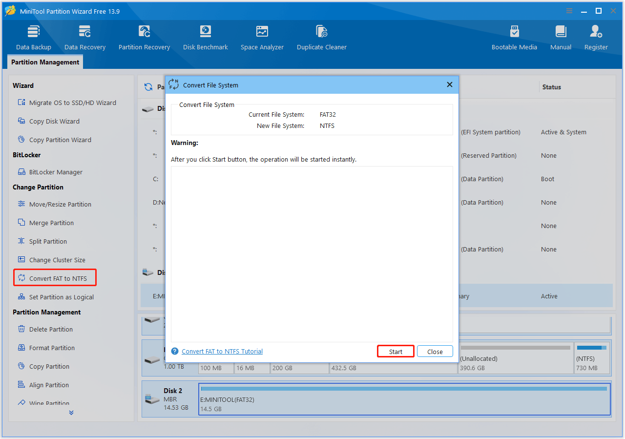 The interface of MiniTool Partition Wizard with selected Convert FAT to NTFS and Start.