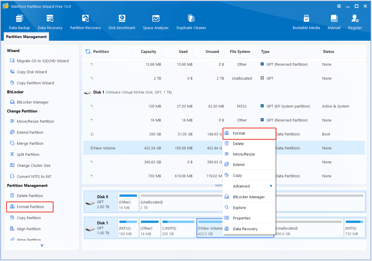 The interface of MiniTool Partition Wizard with selected Format Partition and Format.