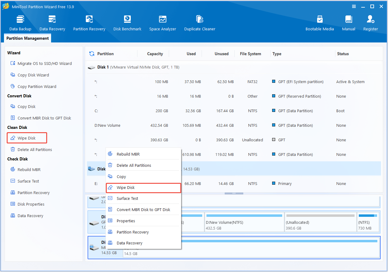The interface of MiniTool Partition Wizard with selected Wipe Disk.