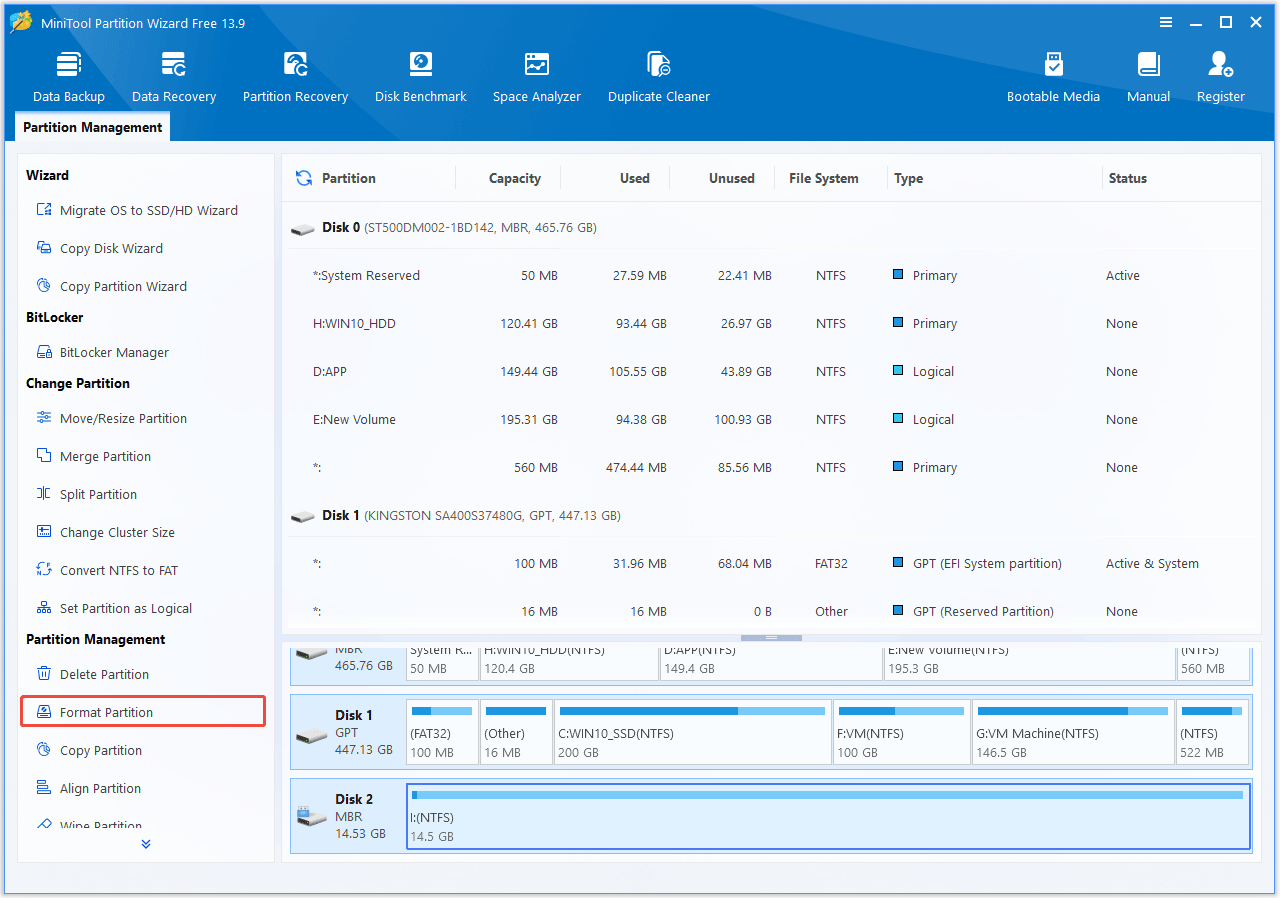 The interface of MiniTool Partition Wizard with selected Format Partition.