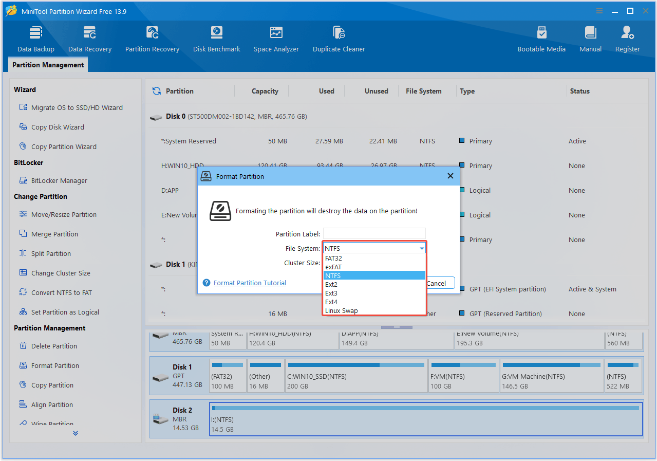 The interface of MiniTool Partition Wizard with selected File System types.