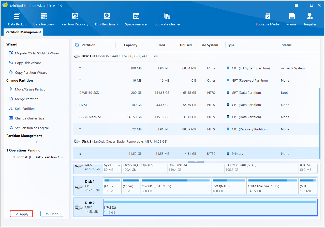 The interface of MiniTool Partition Wizard with selected Apply.