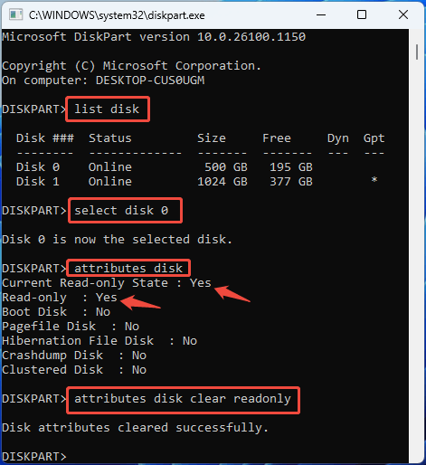 DiskPart interface with the attributes disk commands.