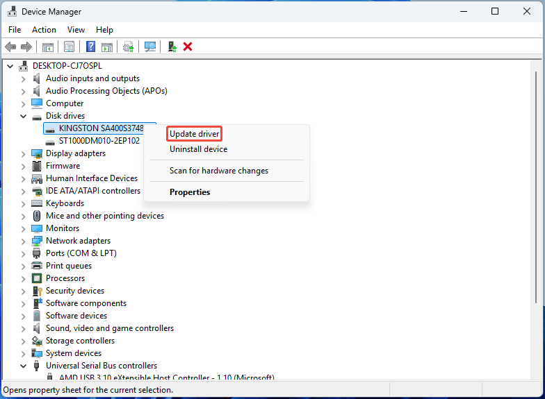 Device Manager window with expanded Disk drives directory and selected Update driver option.